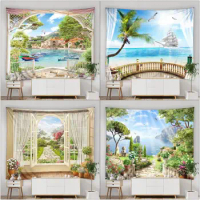 Mediterranean Scenery Tapestry Seaside Garden Nature Landscape Fabric Home Bedroom Living Room Patio Balcony Decor Wall Tapestry