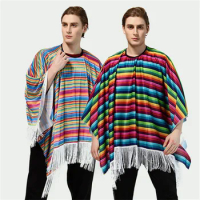 Men Mexican Poncho Wild West Cowboy Costume Carnival Party Bandit Outfits Blanket Clothing Adult Hippie Wear Cloak Mexico Fancy