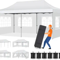 Pop Up Canopy 10x20Heavy Duty Commercial Canopy Tent Waterproof Outdoor Canopy with 6 Sidewalls 3 Adjustable Height Roller