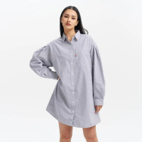 【LEVIS 官方旗艦】女款 長版寬鬆落肩條紋襯衫洋裝 / 打摺寬袖 熱賣單品