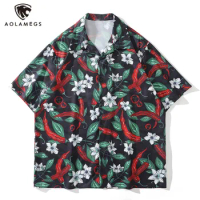 Men Hawaiian Shirts Streetwear Paprika Leaves Print Shirt Hip Hop Summer Casual Short Sleeve Shirts High Street Fashion Top Tees