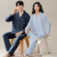 2024 Spring Plus Size Couple Long Sleeve 100% Cotton Pajama Sets for men Korean Loose Sleepwear Suit Women Homewear Home Clothes