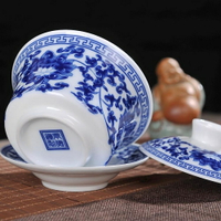 青花陶瓷三才蓋碗茶碗茶杯