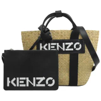【KENZO】亮眼品牌英字LOGO撞色條紋手提兩用包草編包(黑邊)