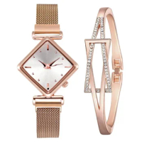 2pcs Set Ladies Square Bracelet Watches 2024 New Minimalist Alloy Strap Quartz Watch Small Dial Temperament Noble Wristwatches