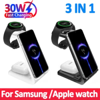 30W 3 in 1 Wireless Charger Stand for iPhone 15 14 13 12 Samsung Galaxy Watch 7 6 Apple Watch Airpods Pro Fast Charging Station