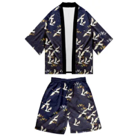 Loose Japanese Cardigan Crane Women Men Cosplay Yukata Clothing Harajuku Samurai Kimono + Shorts Pants Sets Two-piece Suit S-4XL