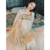 Retro Dress Hanfu Women Chinese Traditional Dresses Printing Embroidery Suspender Dress Solid Color Cardigan Clothes for Woman