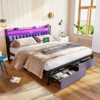 King Size LED Bed Frame with Storage Headboard and Drawers, w/USB Ports , Upholstered Platform Bed Frame King Size