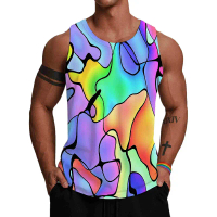 3D Men'S Vest Color Sleeveless Printed T-Shirt, Comfortable, Fashionable, Casual, Rainbow Beach Fitn
