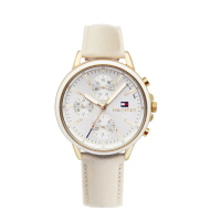 【Tommy Hilfiger】氣質金框 白面 三眼日期顯示 米白皮革錶帶 腕錶 女錶 交換/聖誕禮物(1781790)