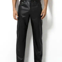 Arjen Kroos Faux Leather Disco Pants for Men Flat Front Straight Leg Casual Trousers