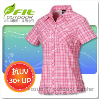 【FIT】女款 格紋吸排抗UV短袖襯衫/立領.透氣.吸濕.輕量(FS2202 粉紅色)