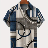 Summer Men Hawaiian Lapel Bowling Shirt Retro Geometric Print Short Sleeve Button Down Vintage Vacation Camp Shirt