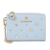 CLATHAS 山茶花輕甜小花裝飾質感羊皮證件零錢包鑰匙包-粉藍色