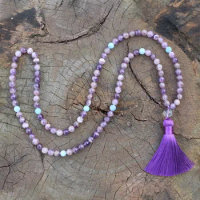 8mm Amethyst, Amazonite, JapaMala Necklace, Namaste Yoga Jewelry, Chakra Stones Mala, Buddhist Mala Prayer Bead, 108 Mala Beads