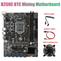 B250C BTC Miner Motherboard With SATA Cable+Switch Cable+Fan 12XPCIE To USB3.0 Card Slot LGA1151 Supports DDR4 DIMM RAM