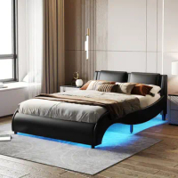 Queen Upholstered Bed Frame with LED Lights Underneath Modern Faux Leather Led Bed Frame with Wood Slatted and Metal Support Leg