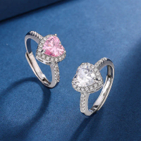 Simple Heart-Shaped CZ Diamond Adjustable Ring, Fashionable Romantic Pink And White Diamond Ring, Ex
