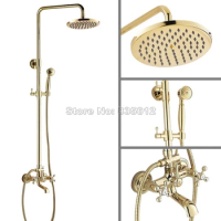Bathroom Wall Mounted Gold Color Brass Bathtub Mixer Tap with Handheld Shower 8" Round Shower Head Rain Shower Faucet Set Wgf344