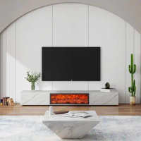 Modern Fireplace TV Stand 94.49", Sintered Stone Finish, 2 Drawers，Built-in Fireplace Ambiance，Durable Carbon Steel Legs