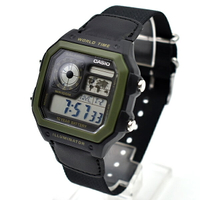 CASIO手錶 黑綠地圖電子帆布錶【NEC159】