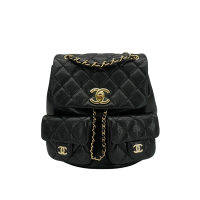 CHANEL 香奈兒 淡金雙C粒紋牛皮雙口袋後背包-小(AS3860-黑)