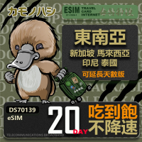 【鴨嘴獸 旅遊網卡】東南亞eSIM 20日吃到飽 高流量網卡(東南亞地區 免插卡 eSIM卡)