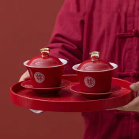 Chinese Red Ceramic Tea Set Wooden Tray Handmade Porcelain Tea Bowl Gaiwan Household Wedding Teaware Sets Luxury Gifts
