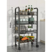 多功能推車置物架【4層黑-特厚精鋼【滑輪+掛鉤】】 