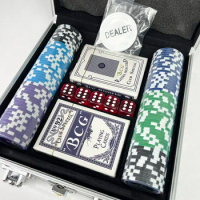 100 Pcs Texas Hold'em Poker Chips Premium Casino Poker Chip Sets with Aluminum Case, 5 Dice and 2 Playing Cards