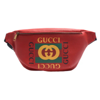 【GUCCI 古馳】復古風格的圖案小牛皮藍紅藍織帶腰包/斜背包(紅493869-0GDCT-6463)