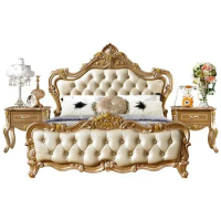 Dubai Royal Bedroom Set Furniture Luxury Classic Style Wooden Carved Frame Leather King Size Bed