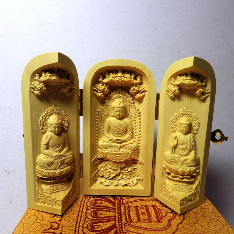 木造 極上品 仕女 黃楊木 手彫り 立像 置物 3点セット 黃楊木三寶的