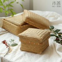 竹編簍子茶葉簍竹編收納盒 零食雜物盒子 茶葉包裝盒 帶蓋竹編盒
