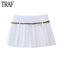 TRAF White Box Pleated Skirt Women Belt Mid Rise Skort Women Summer Office Mini Skirts for Women Streetwear Short Skirts Woman