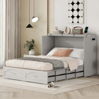 Full Size Murphy Bed Wall Bed with drawer and a set of Sockets &amp; USB Ports, Pulley Structure Design, Gray