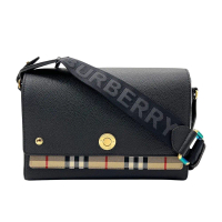 BURBERRY Vintage 格纹拼皮革 Note 斜背包-中款(8021110-黑)