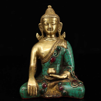 尼泊爾藏傳老純銅手工打造鑲嵌寶石彩繪描金釋迦牟尼佛祖佛像擺件