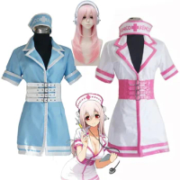 2020 Super Sonico SONICOMI Nurse Uniform Cosplay Costume Outfit Supersonico 60cm Long Pink Ombre Hair Heat Resistant Cosplay Wig