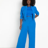 Plus Size Blue Women's Suit Set For Work Custom Made Short Blazer+Pant Fashion Formal Party Prom Dress Office Lady Jacket