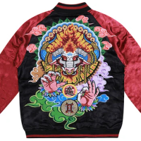 Men Boys High-Street Sukajan Souvenir Jacket Bull Demon Buddha Heavy Work Embroidered Spliced Tops Streetwear Coats High Quality