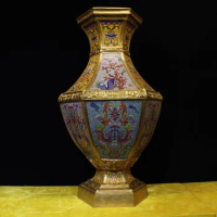 23 " Chinese Pure Bronze cloisonne 24K Gold Dragon phoenix Flower Bird Pot Vase