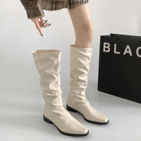 Bốt Thời Trang, JINxCHOY SHOES, Phong Cách Hàn Quốc, Mũi Nhọn, Đế Thấp, Cổ Cao, Chất Liệu PU, Co Giã