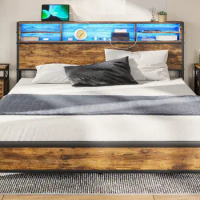 King Size Bed Frame with LED Lights Metal Platform Bed with Storage Headboard for indoor bedroom furniture