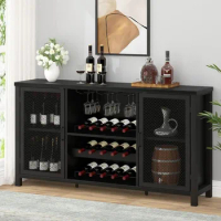 Black Liquor Cabinet with Wine Rack Storage, for Liquor , Farmhouse Wine Cabinet for Home Living Dining Room, Black Oak, 55 Inch