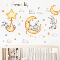 Cartoon Animal Wall Decals for Baby Room Three Rabbit Play on Moon Star Wall Stickers Kids Room Bedroom Decoration Wallpaper