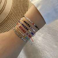 Boho Square Pendant Rice Beaded Bracelets Simple Thin Bracelet Bohemian Pulsera Native Style Jewellery Gift for Women Jewelry