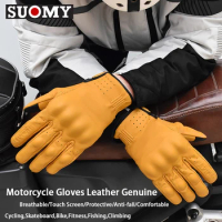 SUOMY Genuine Leather Retro Motorcycle Gloves Men Touch Screen Motocross Gloves Full Finger Motorbike Vintage Biker Moto Gloves