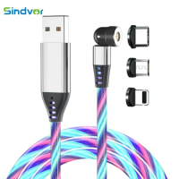 540 Rotate Magnetic Cable LED Flowing Light Micro USB Cable For Samsung Xiaomi 3A Fast Charging Luminous for Mobile Phone iPhone